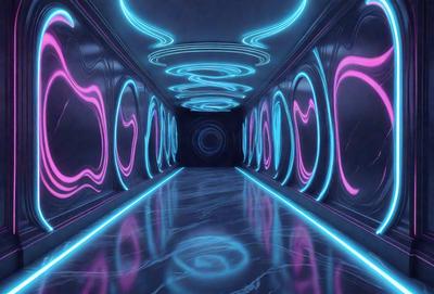 The primary subject of the image is a long, narrow hallway with a blue lighting effect. The hallway is lined with blue lights on the walls, creating a unique and visually striking atmosphere. The setting appears to be a futuristic or modern environment, possibly a space station or a high-tech facility. The visual style of the image is a combination of digital art and photography, with the blue lighting and the hallway's design giving it a futuristic and modern appearance. The colors and mood of