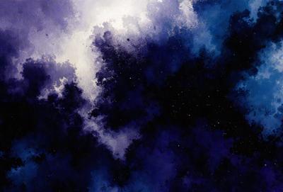 The primary subject of the image is a blue and purple sky filled with stars. The setting is a night sky, and the visual style is a painting or drawing. The colors and mood of the image are serene and peaceful, with the blue and purple hues creating a calming atmosphere.