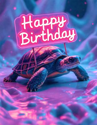 The primary subject of the image is a happy birthday sign featuring a turtle. The sign is pink and has a turtle on it, with the turtle's head peeking out from behind the sign. The setting is a purple background, which adds a vibrant and festive atmosphere to the scene. The visual style of the image is a digital art, as it appears to be a creative and unique design. The colors and mood of the image are cheerful and celebratory, with