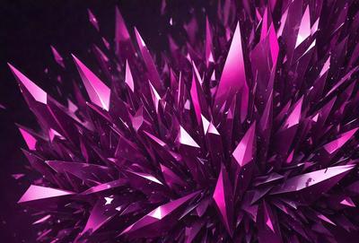 The primary subject of the image is a large, purple, crystal-like structure with many sharp edges. The setting is a dark, purple background that contrasts with the bright, pink crystals. The visual style is a combination of digital art and illustration, creating a unique and intricate design. The colors and mood of the image are predominantly purple and pink, giving it a vibrant and lively atmosphere.