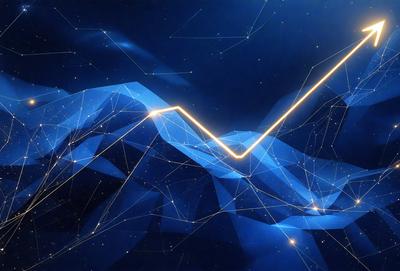 The primary subject of the image is a blue line that appears to be moving upwards. The setting is a dark, star-filled sky, with the line extending across the entire image. The visual style is a combination of digital art and illustration, creating a dynamic and futuristic atmosphere. The colors are predominantly blue, with the stars adding a touch of white and other colors. The overall mood of the image is one of movement, progress, and exploration.