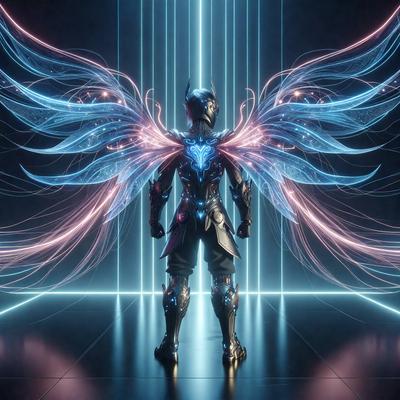 The primary subject of the image is a person, likely a character or a superhero, standing in a room with a futuristic or fantasy-like setting. The person is wearing a suit with blue and pink colors, and they are surrounded by a blue and pink background. The visual style of the image appears to be a combination of photo and digital art, creating a unique and eye-catching scene. The overall atmosphere of the image is one of fantasy and imagination, with the person's outfit and