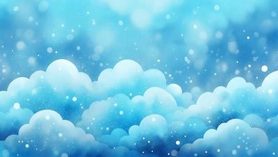 The primary subject of the image is a cloudy blue sky filled with white clouds. The setting is a vast, open space with no visible landmarks or objects. The visual style is a digital art or illustration, creating a sense of depth and movement in the clouds. The colors and mood are predominantly blue and white, giving the scene a calm and serene atmosphere.