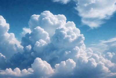 The primary subject of the image is a large, fluffy cloud in the sky. The cloud is surrounded by a blue sky, creating a serene and peaceful atmosphere. The visual style of the image is a photo, capturing the beauty of the cloud in its natural environment. The colors in the image are predominantly white and blue, with the cloud being predominantly white, and the sky being a deep blue.