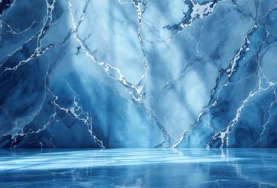 The primary subject of the image is a large, blue, marbled wall with a pattern of white and blue swirls. The setting is a room with a blue pool, and the visual style appears to be a combination of digital art and illustration. The dominant colors in the image are blue and white, creating a serene and calming atmosphere.
