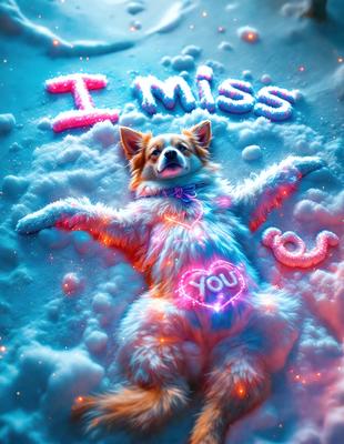 The primary subject of the image is a dog lying on a snow-covered surface. The dog is wearing a heart-shaped collar, and the scene is set in a wintery environment. The visual style of the image is a combination of photo and digital art, creating a unique and eye-catching representation of the dog. The colors and mood of the image are predominantly cold and wintry, with the dog's fur and the snowy surface creating a sense of warmth and comfort despite the chilly
