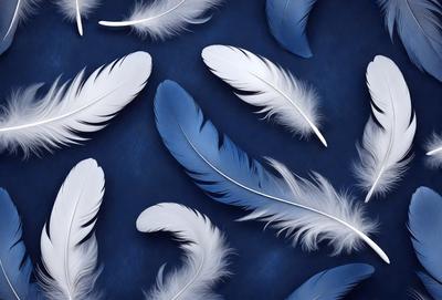 The primary subject of the image is a collection of white feathers, which are arranged in a visually appealing pattern. The feathers are displayed against a blue background, creating a striking contrast. The visual style of the image is a combination of photo and digital art, as it captures the beauty of the feathers in a realistic yet artistic manner. The colors and mood of the image are predominantly white and blue, giving it a serene and calming atmosphere.