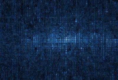 The primary subject of the image is a blue, textured background with a pattern of blue squares. The setting appears to be a dark room, and the visual style is a combination of digital art and illustration. The dominant colors are blue and black, creating a moody and atmospheric ambiance.