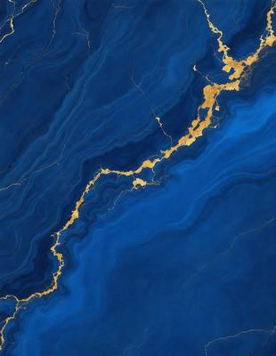 The primary subject of the image is a blue and gold marbled stone. The setting is a blue background, and the visual style appears to be a digital art or illustration. The dominant colors are blue and gold, creating a striking and elegant appearance.