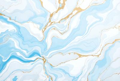 The primary subject of the image is a blue and white marble wall with gold accents. The setting is a room with a blue and white marble wall as the main focus. The visual style is a combination of digital art and illustration, creating a unique and artistic appearance. The dominant colors are blue, white, and gold, giving the wall a luxurious and elegant appearance.