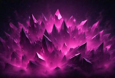 The primary subject of the image is a purple crystal formation, which appears to be a cluster of purple crystals or a purple crystal mountain. The setting is a dark, purple-hued environment, which adds to the overall mood of the image. The visual style of the image is a combination of digital art and illustration, creating a unique and intriguing scene. The dominant colors in the image are purple and pink, giving the image a moody and atmospheric feel.
