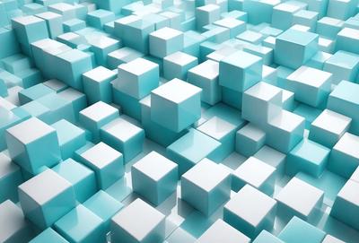 The primary subject of the image is a large, intricate pattern made up of many small, white, blue, and white cubes. The setting is a white background, which contrasts with the vibrant colors of the cubes. The visual style is a combination of digital art and illustration, creating a unique and eye-catching design. The dominant colors are white, blue, and white, giving the pattern a clean and modern appearance.