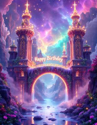 The primary subject of the image is a beautifully designed castle with a bridge leading to it. The setting is a fantasy world with a purple sky, and the visual style is a digital art illustration. The colors and mood of the image are vibrant and lively, creating a sense of wonder and excitement.