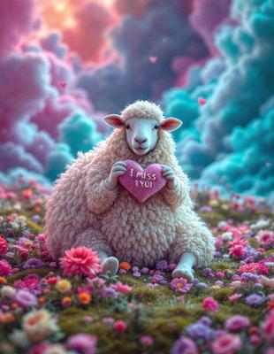 The primary subject of the image is a sheep holding a heart-shaped piece of paper with the words "I miss you" written on it. The sheep is sitting in a field of flowers, which adds a vibrant and colorful backdrop to the scene. The visual style of the image is a combination of photo and digital art, creating a unique and artistic representation of the sheep and its message. The colors and mood of the image are predominantly pink and pastel, giving it a warm and tender atmosphere.