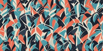 The primary subject of the image is a colorful, abstract design featuring a mix of red, blue, and orange colors. The setting is a patterned surface, possibly a wallpaper or a piece of artwork. The visual style appears to be a combination of digital art and illustration, creating a vibrant and dynamic appearance. The overall atmosphere is lively and energetic, with the bold colors and intricate patterns capturing the viewer's attention.