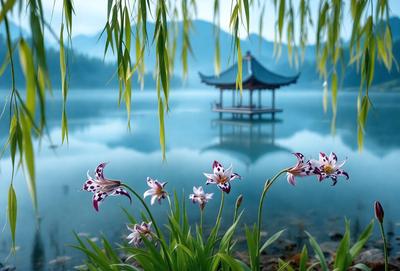 Primary subject: Flowers
Setting/background: Lake
Visual style: Photo
Colors and mood: Purple and blue