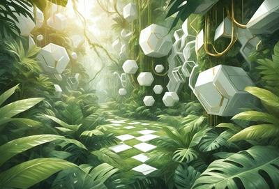 The primary subject of the image is a path surrounded by a forest filled with trees and plants. The setting is a lush green environment, and the visual style is a digital art or illustration. The colors and mood of the image are vibrant and serene, with a focus on the natural elements of the forest.