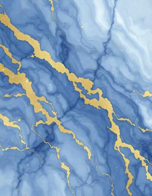 The primary subject of the image is a blue and gold marbled wall. The setting is a room with a blue and gold marbled wall, which serves as the background. The visual style is a combination of a photo and digital art, creating a unique and intricate pattern. The dominant colors are blue and gold, giving the wall a luxurious and elegant appearance.