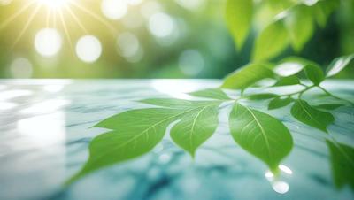 The primary subject of the image is a leaf, which is the main object, scene, or focus of the image. The leaf is placed on a surface, which appears to be a table or a counter. The visual style of the image is a photo, capturing the leaf in its natural environment. The colors and mood of the image are predominantly green, as the leaf is green, and the overall atmosphere is serene and natural.