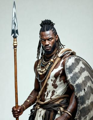 The primary subject of the image is a man with dreadlocks, wearing a leopard-skin patterned outfit and holding a spear. He appears to be a warrior or a character from a historical or fantasy setting. The setting is a white background, which provides a clean and uncluttered backdrop for the man's appearance. The visual style of the image is a combination of photo and digital art, creating a realistic yet artistic representation of the man and his outfit. The colors and