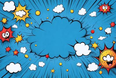 The primary subject of the image is a blue cloud with yellow stars, which is the main object, scene, or focus of the image. The setting/background features a blue sky, and the visual style is a combination of digital art and illustration. The dominant colors are blue and yellow, creating a lively and energetic atmosphere.
