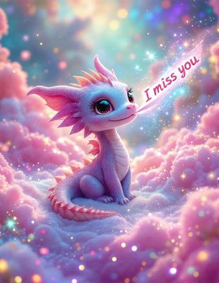 The primary subject of the image is a cute, colorful dragon. The dragon is sitting on a cloud, which serves as the setting or background. The visual style of the image is digital art, as it is a well-crafted and detailed illustration. The dominant colors in the image are pink and purple, creating a warm and cheerful atmosphere.