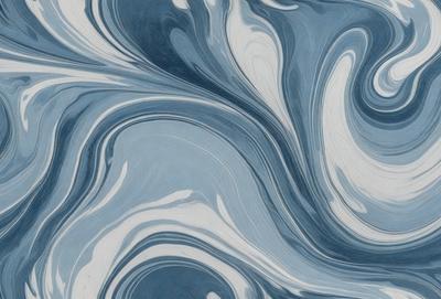 The primary subject of the image is a blue and white swirling pattern, which appears to be a painting or a digital artwork. The setting is a blue background, and the visual style is a combination of photo and digital art. The dominant colors are blue and white, creating a calm and soothing atmosphere.
