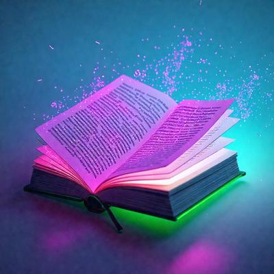 The primary subject of the image is a book with a purple and pink glow. The book is open and appears to be floating in the air. The setting is a blue background, which adds to the overall atmosphere of the image. The visual style is a combination of a photo and digital art, creating a unique and eye-catching effect. The colors and mood of the image are vibrant and lively, with the purple and pink glow adding a sense of magic and wonder to the scene.