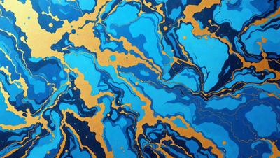 The primary subject of the image is a blue and gold patterned wallpaper. The setting is a room with a blue and gold wallpapered wall. The visual style is a digital art or illustration, as the pattern appears to be a digital creation. The dominant colors are blue and gold, creating a warm and inviting atmosphere.