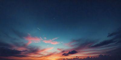 The primary subject of the image is a rocket flying through the sky. The setting is a beautiful sunset, with the sky filled with clouds. The visual style is a photo, capturing the rocket's trajectory and the vibrant colors of the sunset. The colors and mood of the image are warm and serene, creating a sense of wonder and exploration.