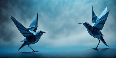 The primary subject of the image is a pair of origami birds, one on the left and one on the right, standing next to each other. The setting is a blue sky, which serves as the backdrop for the birds. The visual style of the image is a combination of photo and digital art, creating a unique and artistic representation of the birds. The colors and mood of the image are predominantly blue, giving it a calm and serene atmosphere.