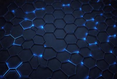 The primary subject of the image is a close-up of a blue, hexagonal pattern. The setting is a dark background, which contrasts with the blue pattern. The visual style appears to be a digital art or illustration, as the pattern is intricate and detailed. The colors and mood of the image are predominantly blue, creating a calm and serene atmosphere.
