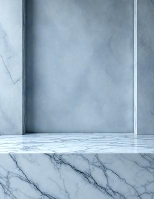 The primary subject of the image is a marble wall with a blue tint. The setting is a room with a white marble floor. The visual style is a photo, and the colors and mood are predominantly blue and white, creating a clean and elegant atmosphere.