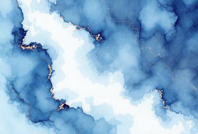 The primary subject of the image is a blue and white painting of clouds. The setting is a blue background, and the visual style appears to be a digital art or illustration. The dominant colors are blue and white, creating a calm and serene atmosphere.