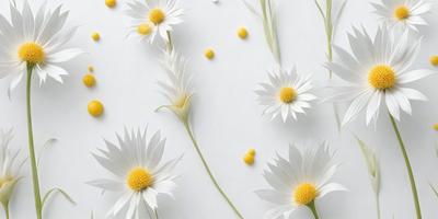 The primary subject of the image is a close-up of white flowers with yellow centers. The flowers are arranged in a pattern, creating a visually appealing scene. The setting is a white wall, which serves as a clean and uncluttered backdrop for the flowers. The visual style of the image is a combination of photo and digital art, as it captures the beauty of the flowers in a realistic yet artistic manner. The dominant colors in the image are white and yellow, creating a sense of freshness and warm
