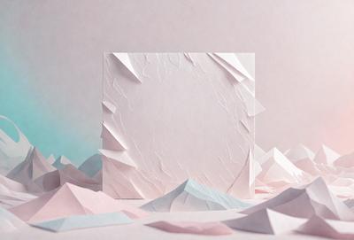 The primary subject of the image is a square piece of paper with a creased design, resembling a mountain. The paper is placed on a pink surface, which serves as the setting. The visual style of the image is a combination of digital art and illustration, as the paper is creased and folded to create the mountain shape. The colors in the image are predominantly pink, which gives the scene a warm and inviting atmosphere.