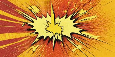 The primary subject of the image is a yellow and red explosion, which is the main focus of the image. The setting is a yellow and red background, which adds to the overall atmosphere of the image. The visual style is a digital art or illustration, as the explosion is depicted in a detailed and colorful manner. The colors and mood of the image are vibrant and energetic, with the yellow and red hues creating a sense of excitement and dynamism.