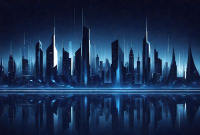 The primary subject of the image is a futuristic cityscape, featuring a large number of skyscrapers and a body of water. The setting is a nighttime cityscape, with the buildings and water illuminated by blue lights. The visual style is digital art, with the cityscape depicted in a stylized manner. The colors and mood of the image are predominantly blue, creating a sense of calmness and sophistication.