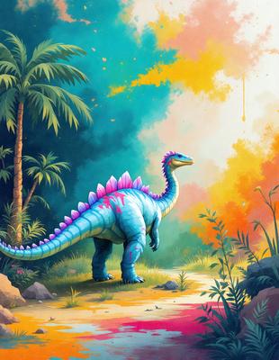 The primary subject of the image is a large, colorful, and unique dinosaur standing in a lush, tropical environment. The dinosaur is surrounded by a vibrant and diverse landscape, including a forest and a beach. The visual style of the image is a combination of digital art and illustration, creating a captivating and imaginative scene. The colors and mood of the image are lively and energetic, with a strong focus on the vivid and eye-catching colors of the dinosa