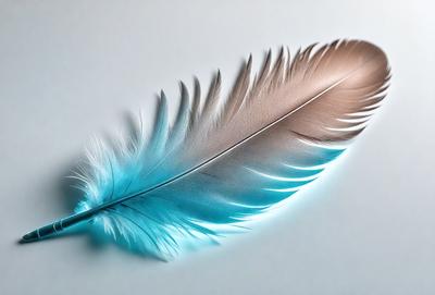 The primary subject of the image is a blue and white feather. The feather is prominently displayed on a white background, which creates a striking contrast. The visual style of the image is a close-up of the feather, showcasing its intricate details. The colors and mood of the image are predominantly blue and white, giving it a clean and elegant appearance.