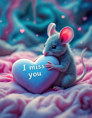 The primary subject of the image is a small mouse holding a heart-shaped piece of paper with the words "I miss you" written on it. The mouse is sitting on a pink surface, which adds a warm and cozy atmosphere to the scene. The visual style of the image is a combination of photo and digital art, creating a unique and charming illustration. The colors used in the image are predominantly pink, which adds a sense of love and affection to the scene.