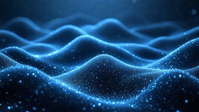 The primary subject of the image is a blue wave or ripple effect, which appears to be a digital art or illustration. The setting is a dark blue background, and the visual style is a combination of digital art and illustration. The dominant colors are blue and black, creating a calm and serene atmosphere.