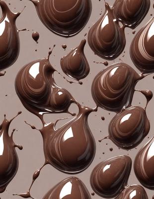 The primary subject of the image is a close-up of chocolate dripping, with the chocolate dripping in various shapes and sizes. The setting is a table, and the visual style is a close-up of the chocolate dripping. The colors and mood of the image are predominantly brown, with the chocolate dripping creating a rich and indulgent atmosphere.