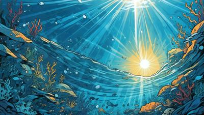 The primary subject of the image is a sunset, with the sun shining through the water and creating a beautiful, warm atmosphere. The setting is underwater, with the sunlight illuminating the ocean floor and creating a serene and peaceful environment. The visual style is a combination of digital art and illustration, creating a vibrant and dynamic scene. The colors and mood are predominantly warm and inviting, with the sunset casting a golden glow over the ocean floor and the surrounding environment.