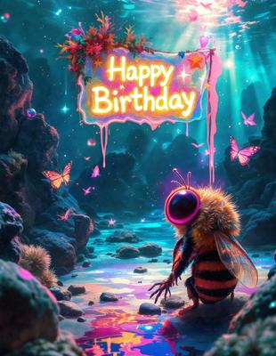 The primary subject of the image is a bee, which is the main object, scene, or focus of the image. The bee is standing in a colorful, vibrant environment, surrounded by a variety of butterflies. The setting includes a waterfall, rocks, and a cave, creating a unique and visually appealing backdrop. The visual style of the image is digital art, as it is a well-crafted and detailed illustration. The colors and mood of the image are lively and cheer