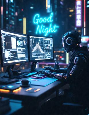 The primary subject of the image is a person sitting at a desk in front of a computer. The person is wearing a futuristic outfit and is working on a computer. The setting is an office environment, with a desk and a computer monitor visible. The visual style is a digital art, with a neon-lit background and a futuristic atmosphere. The colors and mood of the image are predominantly blue and futuristic, creating a sense of technology and innovation.