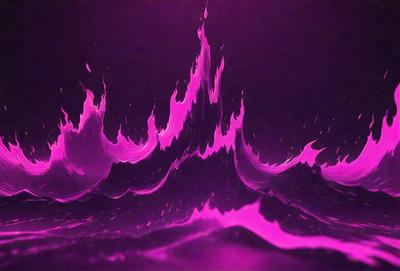 The primary subject of the image is a large, purple wave with a pinkish hue. The wave is the main focus of the image, and it appears to be a digital art or illustration. The setting is a dark, purple background, which contrasts with the vibrant colors of the wave. The overall atmosphere of the image is dynamic and dramatic, with the wave seemingly crashing onto the surface.