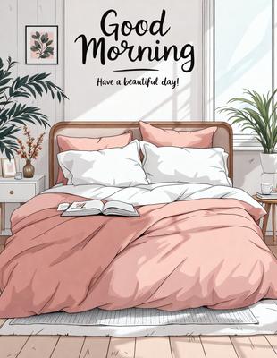 The primary subject of the image is a bed with a pink blanket and pillows. The setting is a bedroom with a window, and the visual style is a hand-drawn illustration. The colors and mood of the image are warm and inviting, with the pink blanket and pillows creating a cozy and comfortable atmosphere.