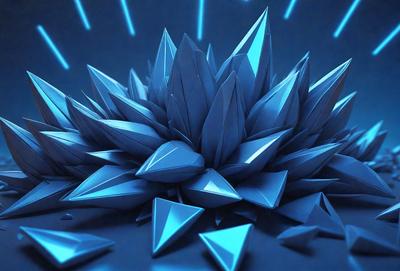 The primary subject of the image is a blue, three-dimensional flower made of blue triangles. The flower is surrounded by a blue background, giving it a vibrant and lively appearance. The visual style of the image is digital art, as it is a computer-generated representation of the flower. The dominant colors in the image are blue, and the overall atmosphere is bright and cheerful.