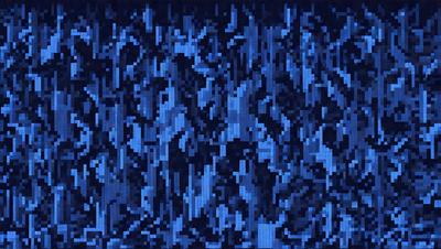 The primary subject of the image is a blue, pixelated background with a patterned texture. The setting is a dark, blue environment, and the visual style is a combination of digital art and illustration. The dominant colors are blue and black, creating a moody and mysterious atmosphere.